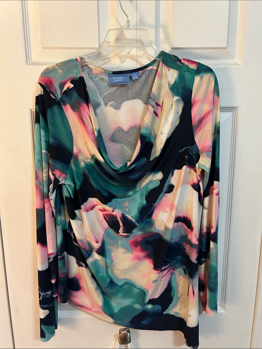 Simply Vera Teal Pink Abstract Cowl-Neck Long Sleeve Top